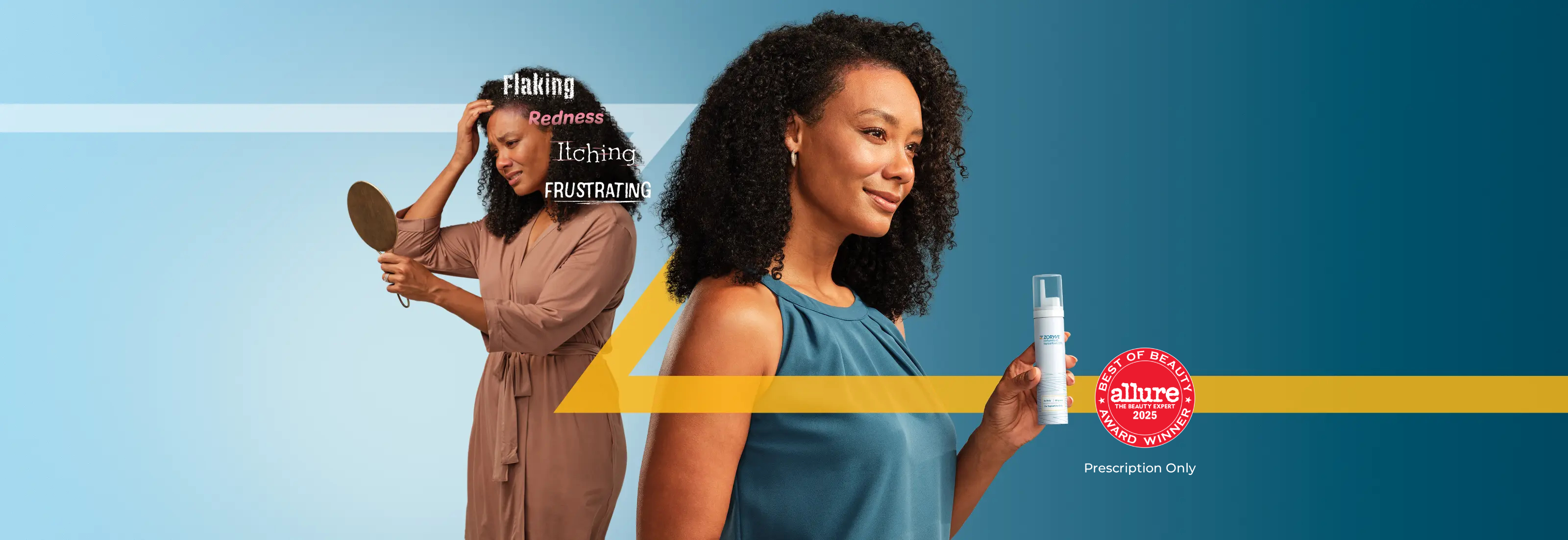 Frustrated woman facing left looking into mirror, then turned right with smile holding ZORYVE foam canister.